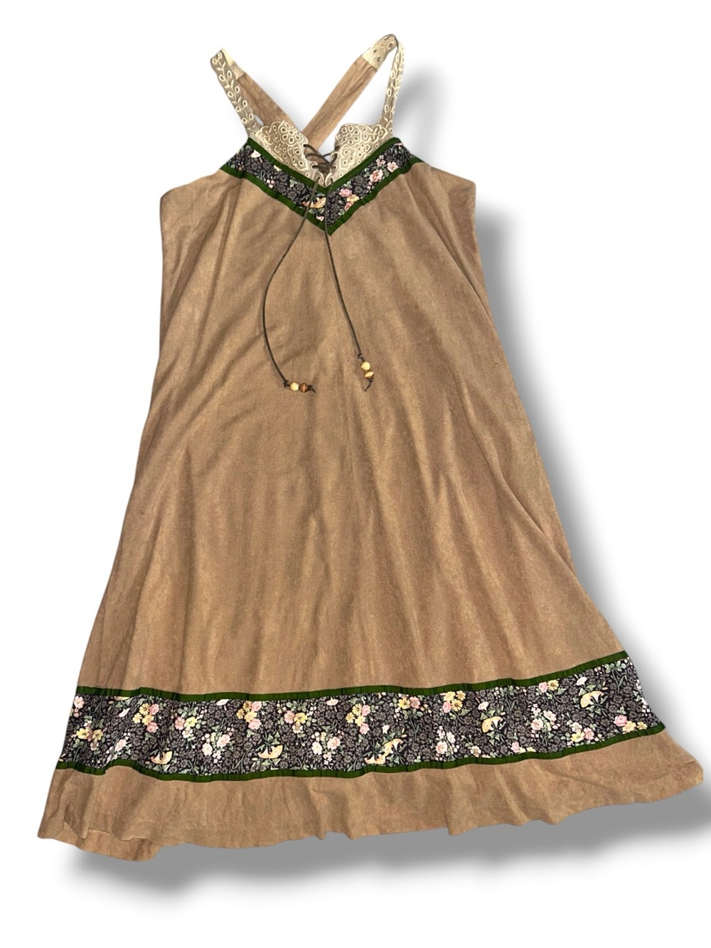 Vintage 70s Camel Midi Dress Pockets Floral Fabric Trim Ribbon Cut-Out Straps S